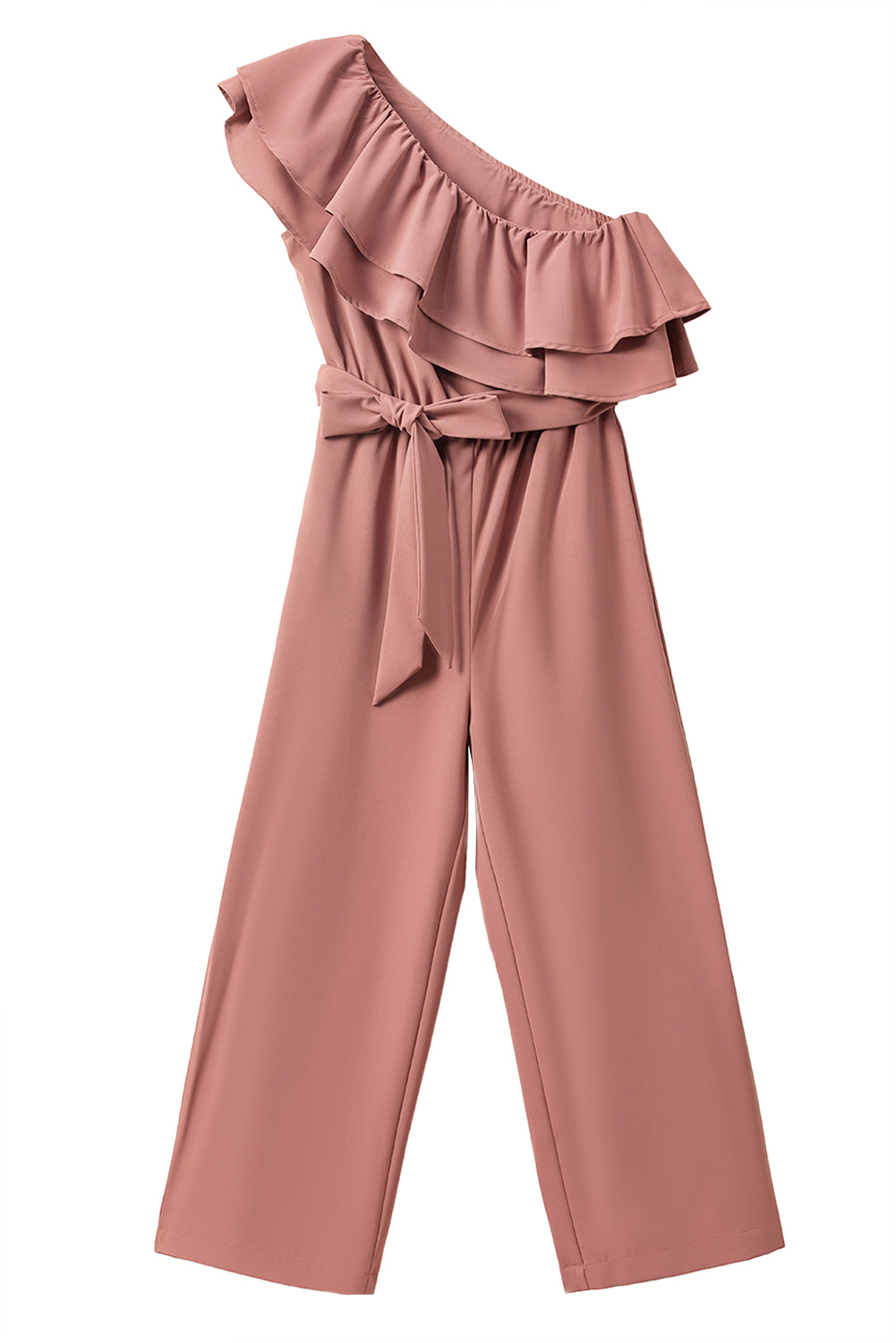 Dusty Pink Asymmetric Shoulder Ruffle Trim Belted Jumpsuit - ThingsWeUseAndLove 