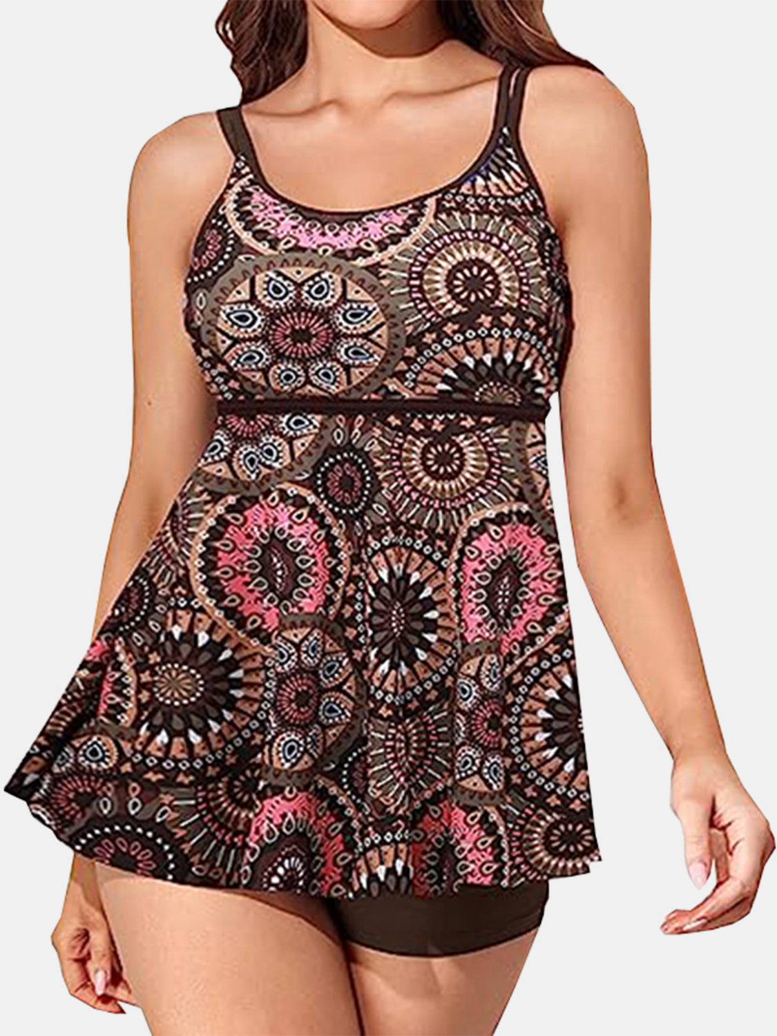 Printed Scoop Neck Two-Piece Swim Set - ThingsWeUseAndLove Brown-3XL