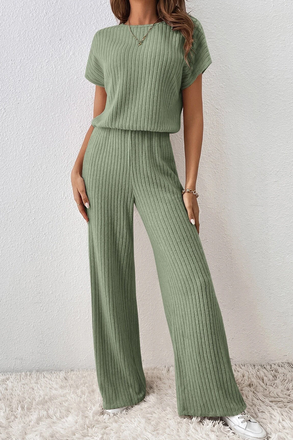 Black Solid Color Ribbed Short Sleeve Wide Leg Jumpsuit - ThingsWeUseAndLove 