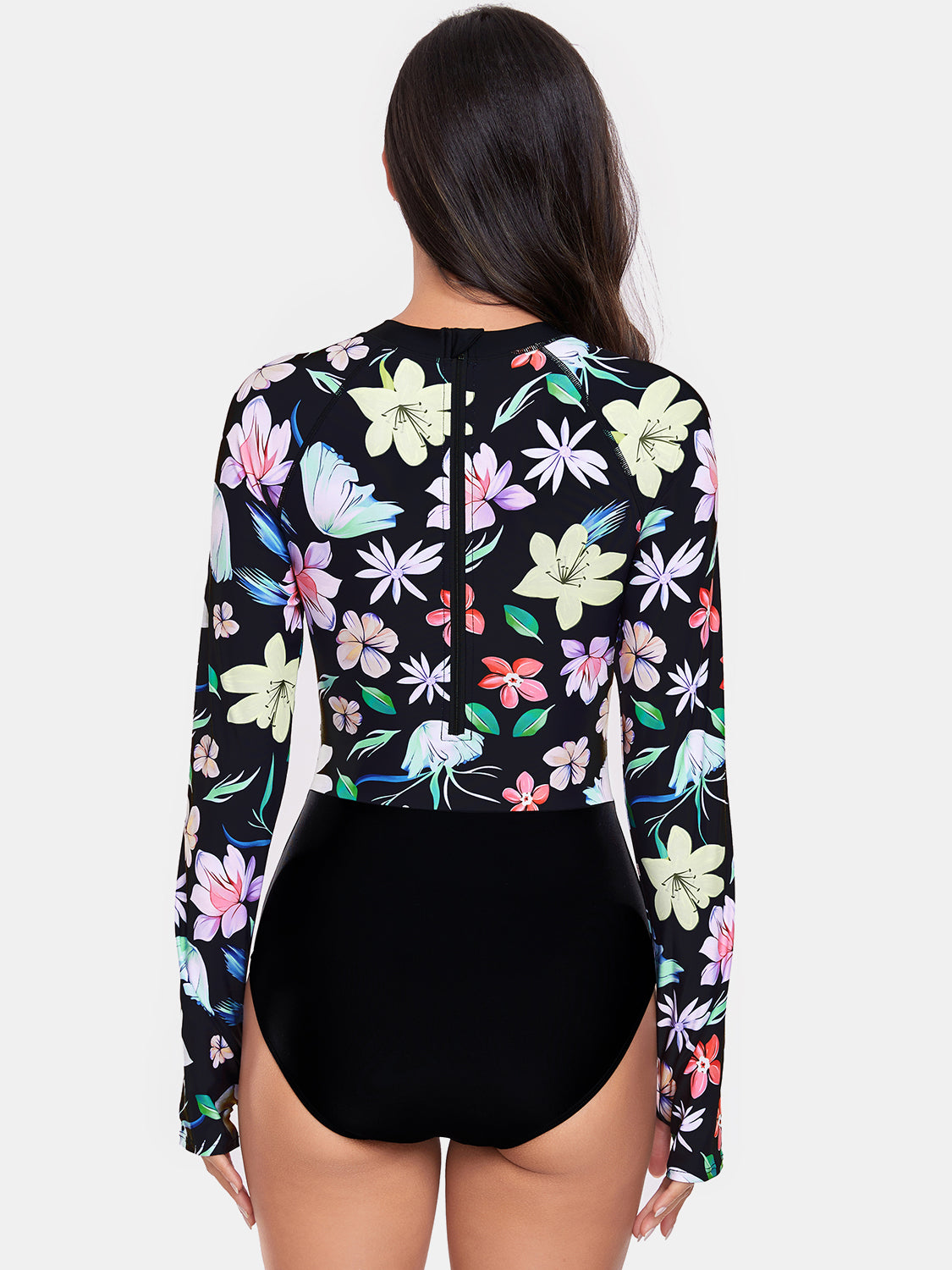 Flower Round Neck Long Sleeve One-Piece Swimwear - ThingsWeUseAndLove 