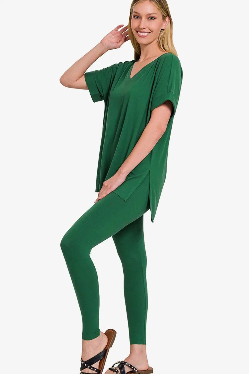 V-Neck Rolled Short Sleeve T-Shirt and Leggings Lounge Set - ThingsWeUseAndLove DK-Green-3XL