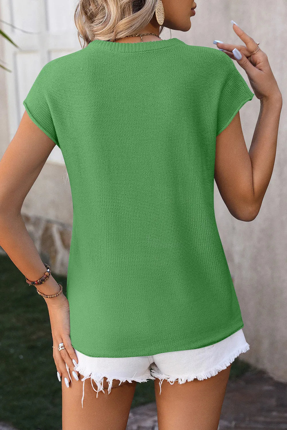 Dark Green Center Seamed Cap Sleeve Knit Top - ThingsWeUseAndLove 