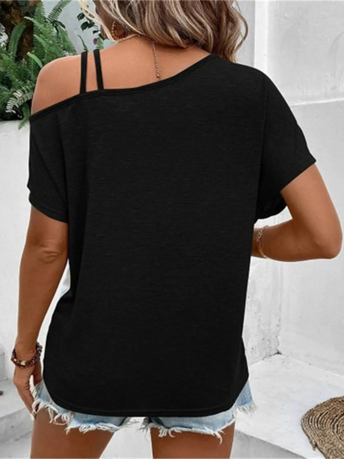 Colleen Contrast Asymmetrical Neck Short Sleeve T-Shirt - ThingsWeUseAndLove 