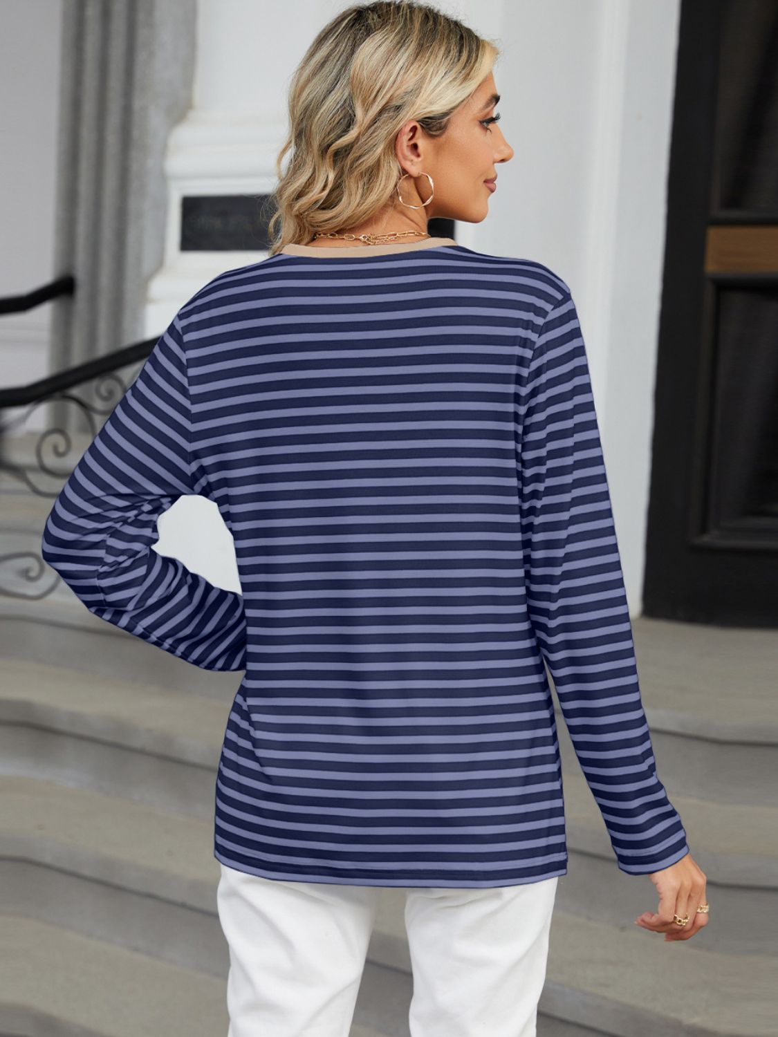 Liza Striped Notched Long Sleeve T-Shirt - ThingsWeUseAndLove 