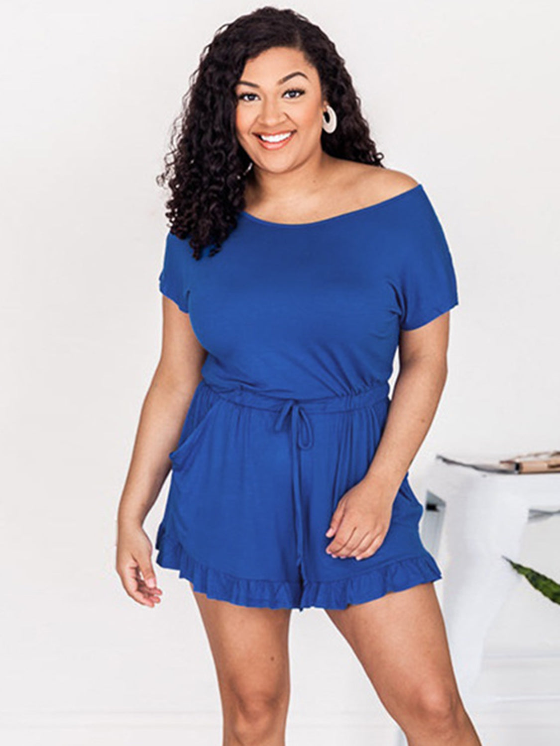 Ruffled Boat Neck Short Sleeve Romper - ThingsWeUseAndLove 