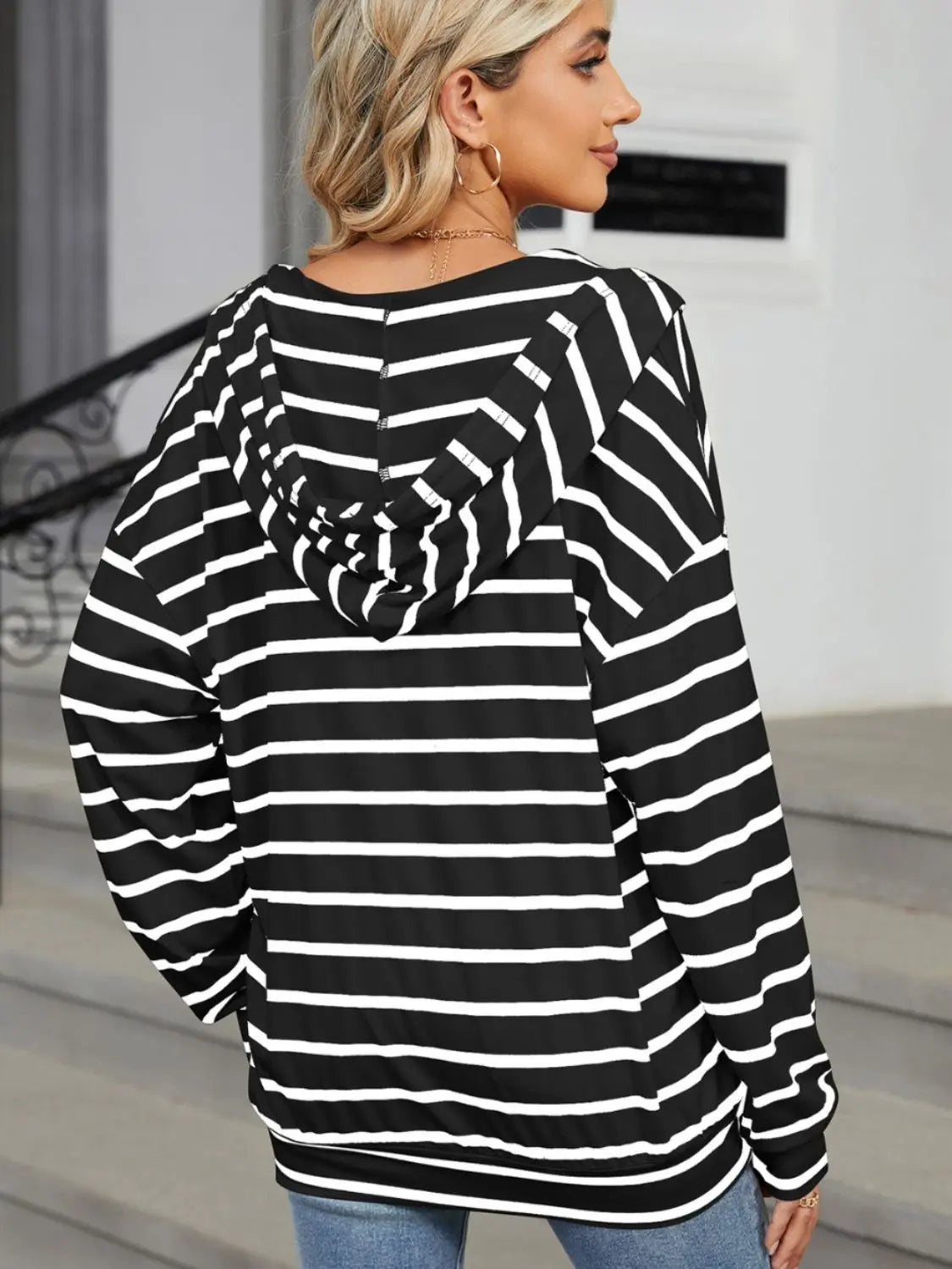 Drawstring Striped Long Sleeve Hoodie - ThingsWeUseAndLove 