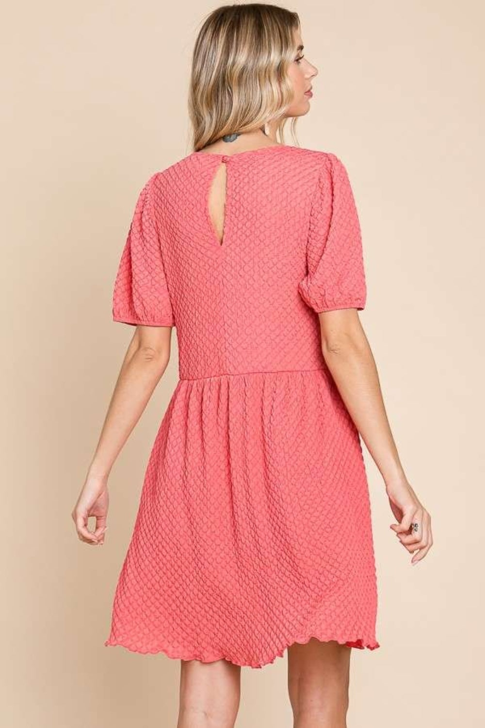 Textured Round Neck Puff Sleeve Dress - ThingsWeUseAndLove 