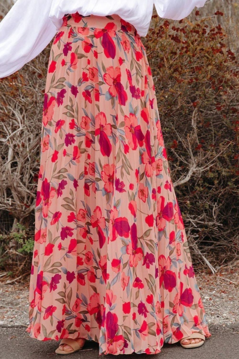 Printed Elastic Waist Pleated Maxi Skirt - ThingsWeUseAndLove Hot-Pink-2XL