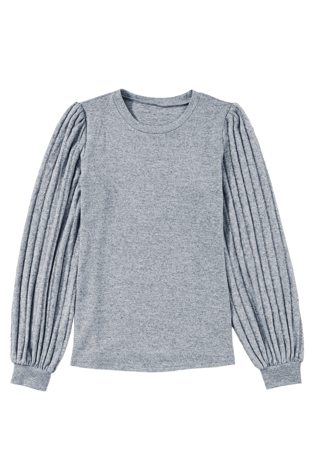 Gray Solid Color Contrast Ribbed Bishop Sleeve Top - ThingsWeUseAndLove 