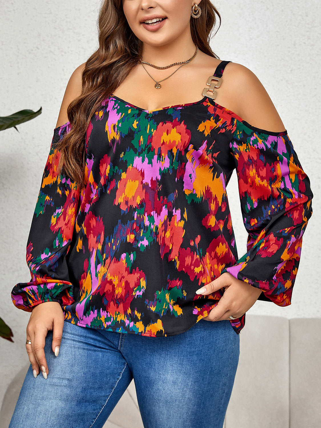 Luna Size Inclusive Printed Cold Shoulder Long Sleeve Blouse - ThingsWeUseAndLove Multicolor-4XL