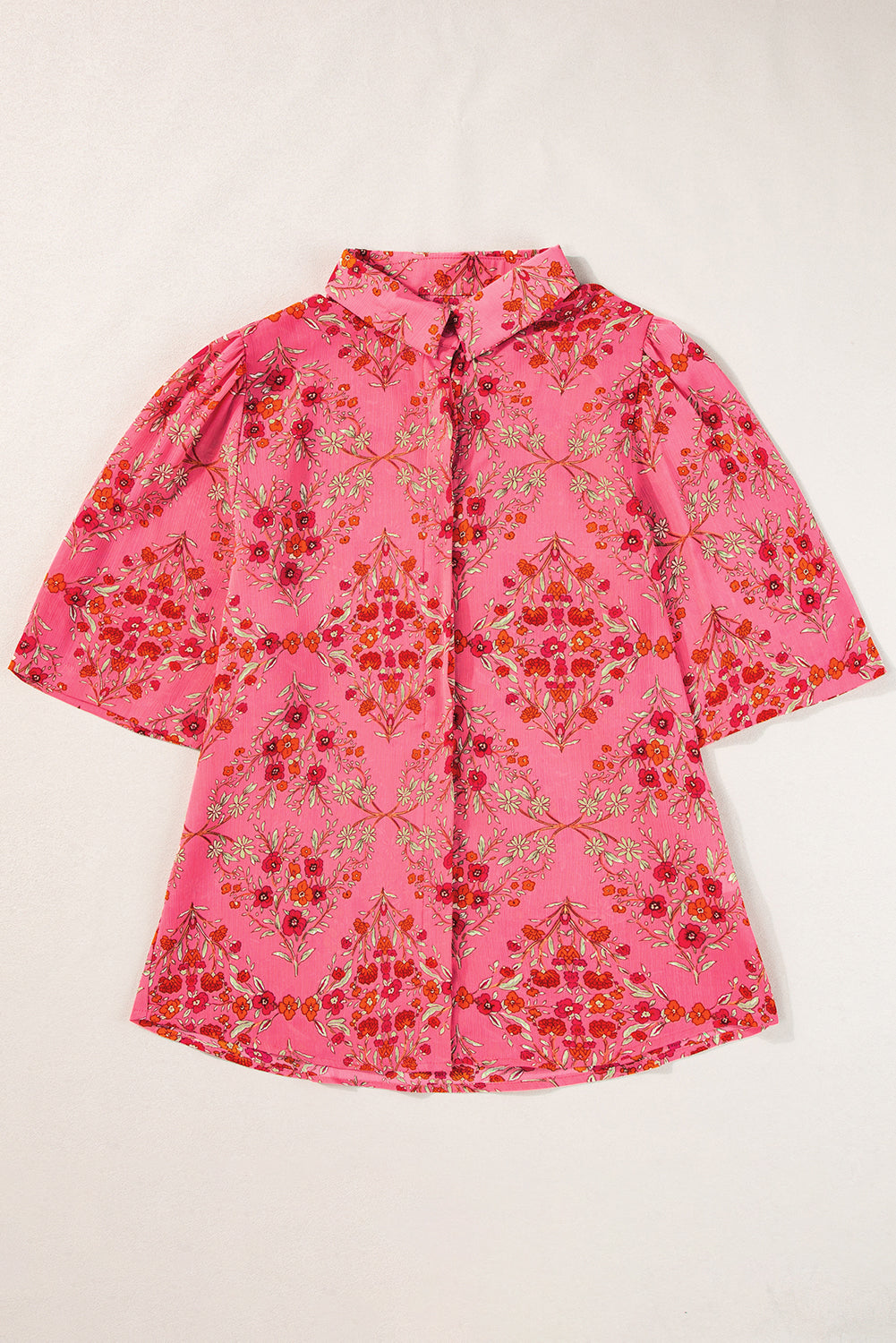 Rose Red Floral Print Wide Short Sleeve Loose Shirt - ThingsWeUseAndLove 