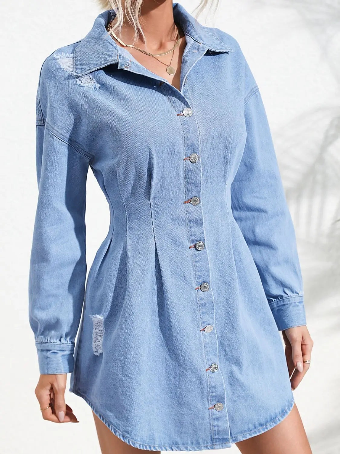 Danna Distressed Button Up Long Sleeve Denim Dress - ThingsWeUseAndLove 