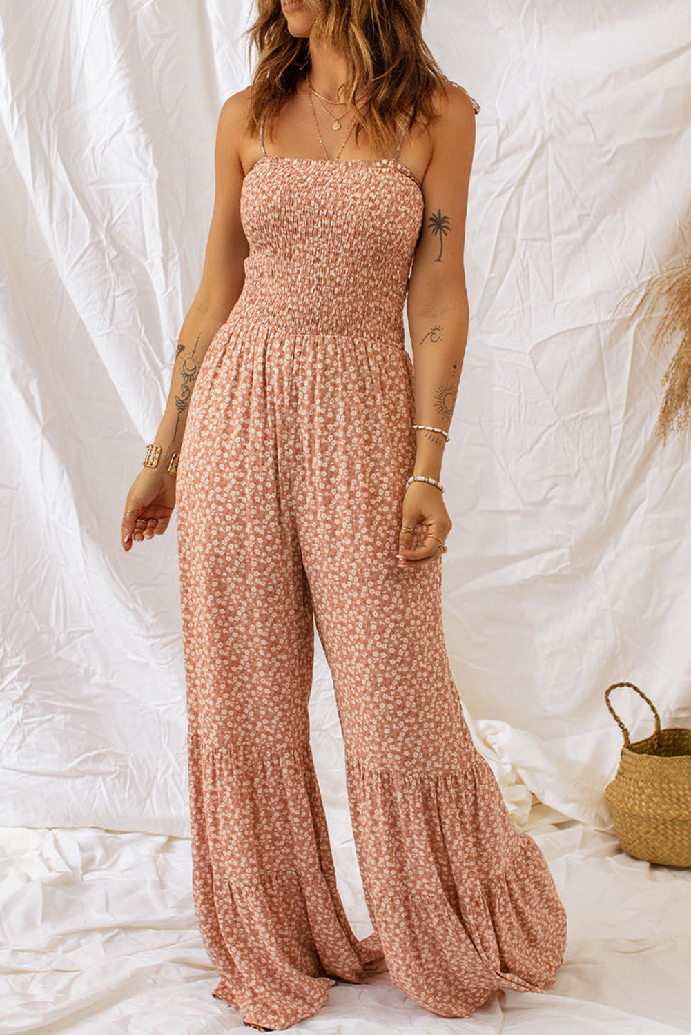 Floral Thin Straps Smocked Bodice Wide Leg Jumpsuit - ThingsWeUseAndLove 