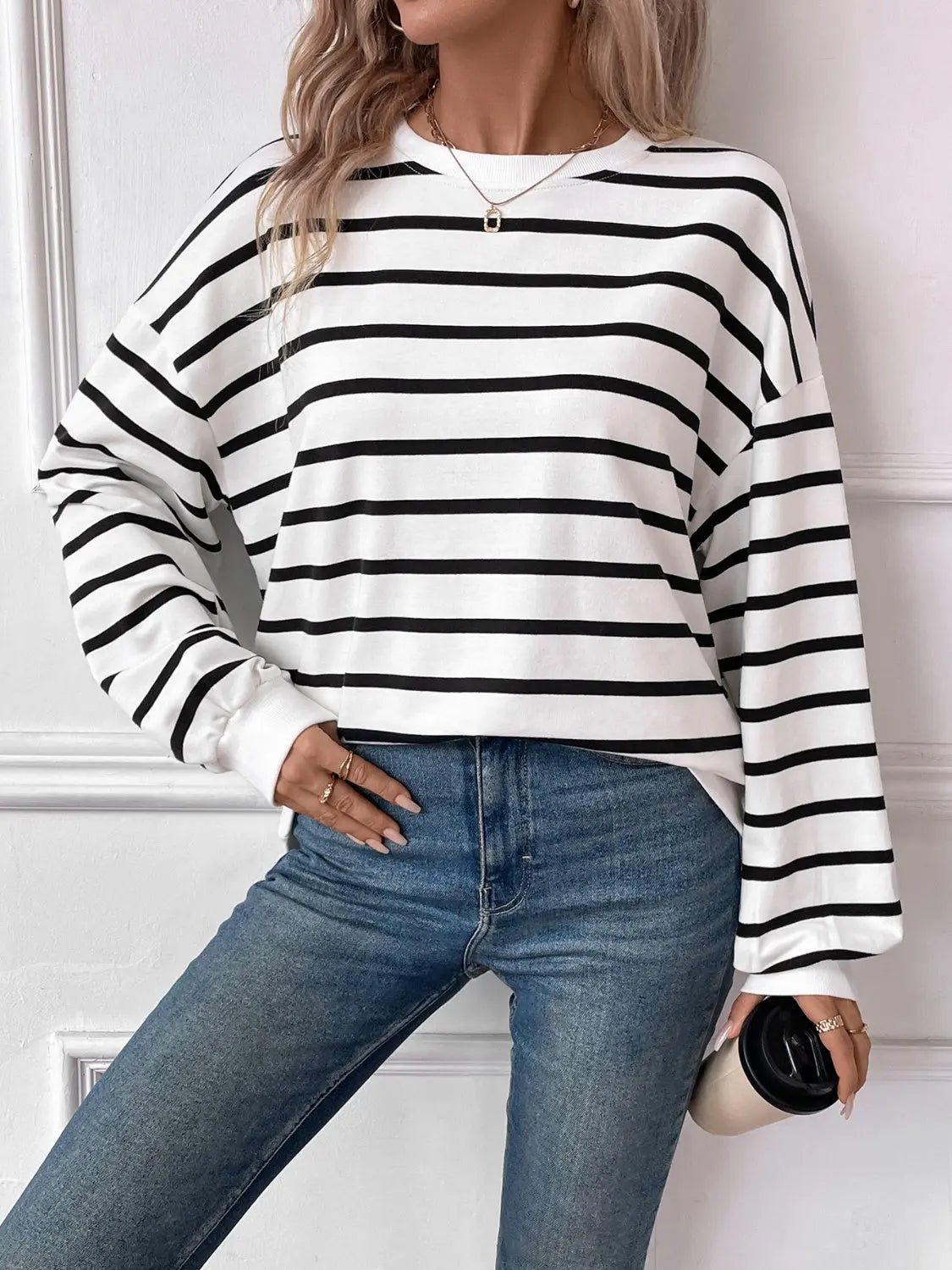 Leslie Striped Round Neck Long Sleeve Sweatshirt - ThingsWeUseAndLove 