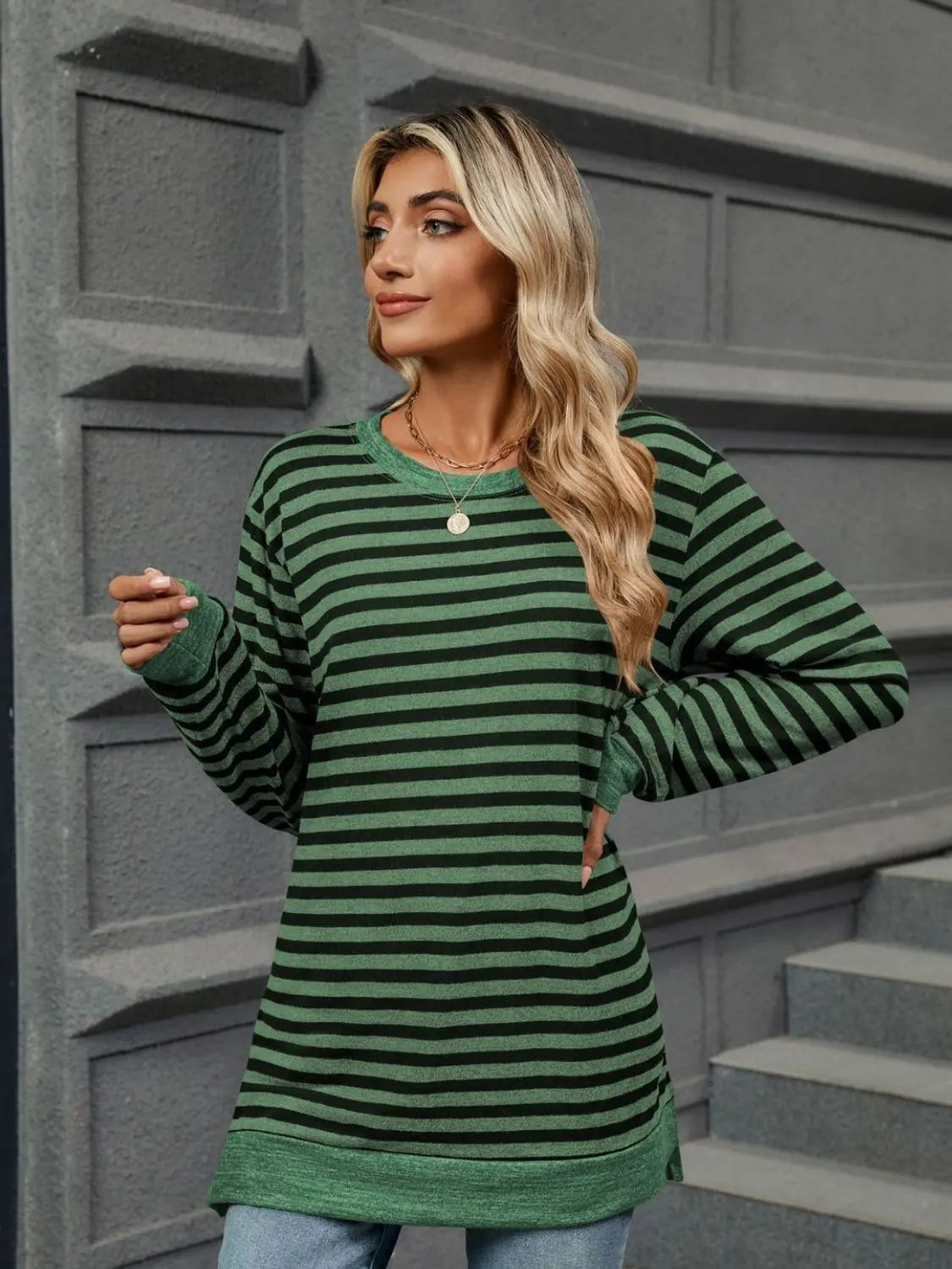 Striped Round Neck Long Sleeve T-Shirt - ThingsWeUseAndLove 