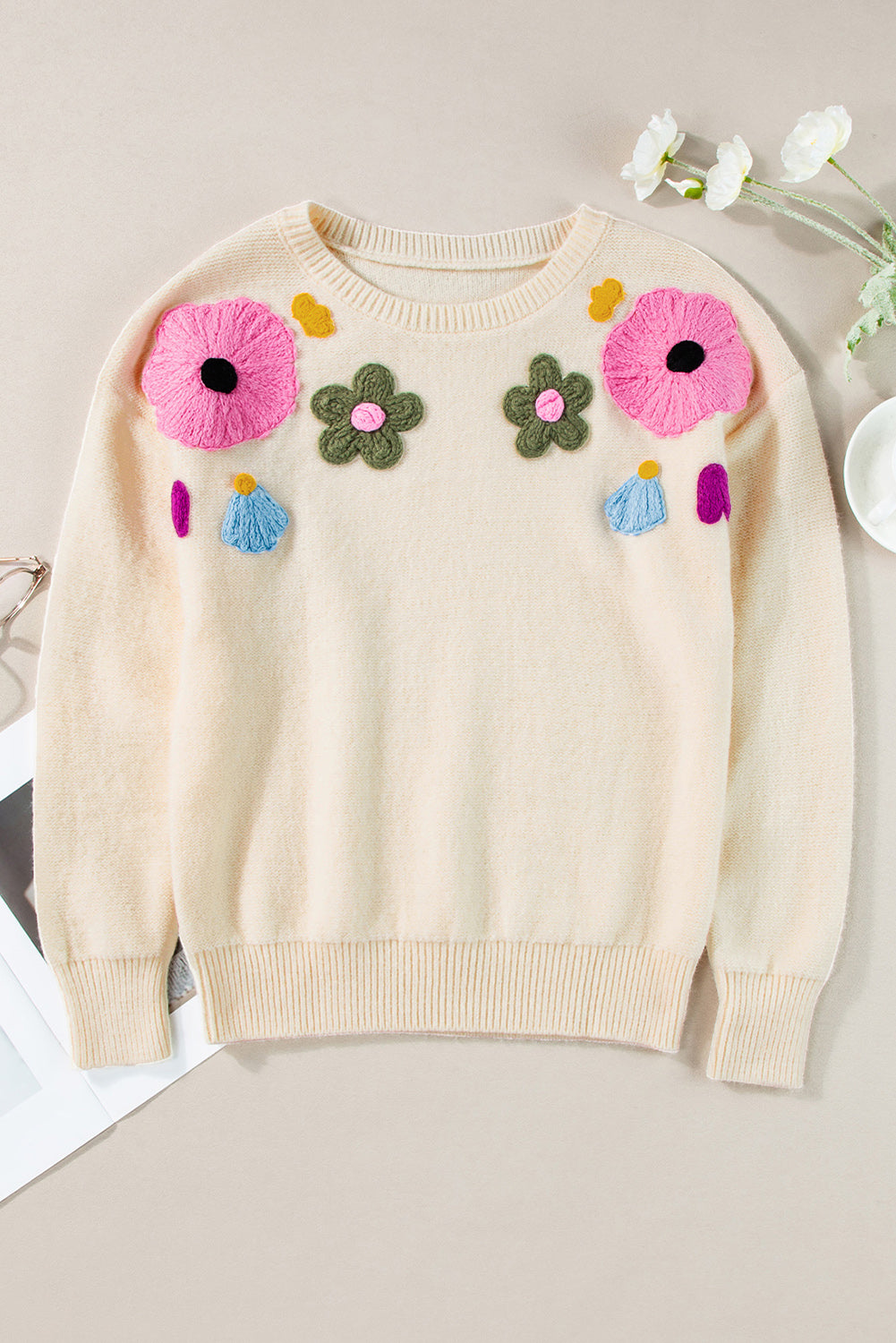 Light Blue Flower Pattern Ribbed Edge Sweater - ThingsWeUseAndLove 