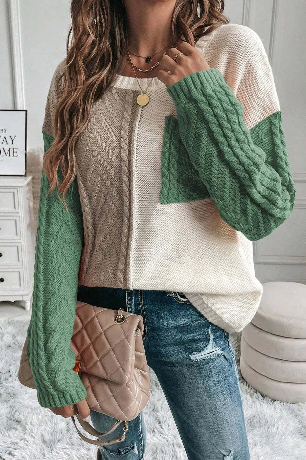 Round Neck Color Block Long Sleeve Sweater - ThingsWeUseAndLove Matcha-Green-XL