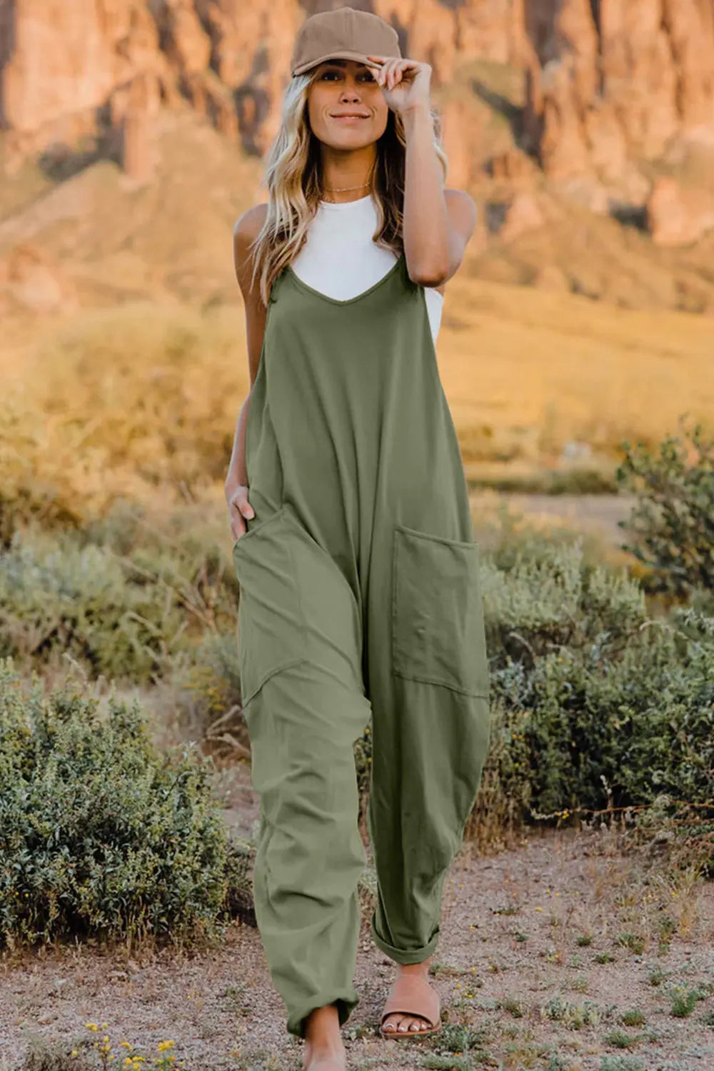 Dakota Size Inclusive V-Neck Sleeveless Jumpsuit with Pockets - ThingsWeUseAndLove Army-Green-3XL