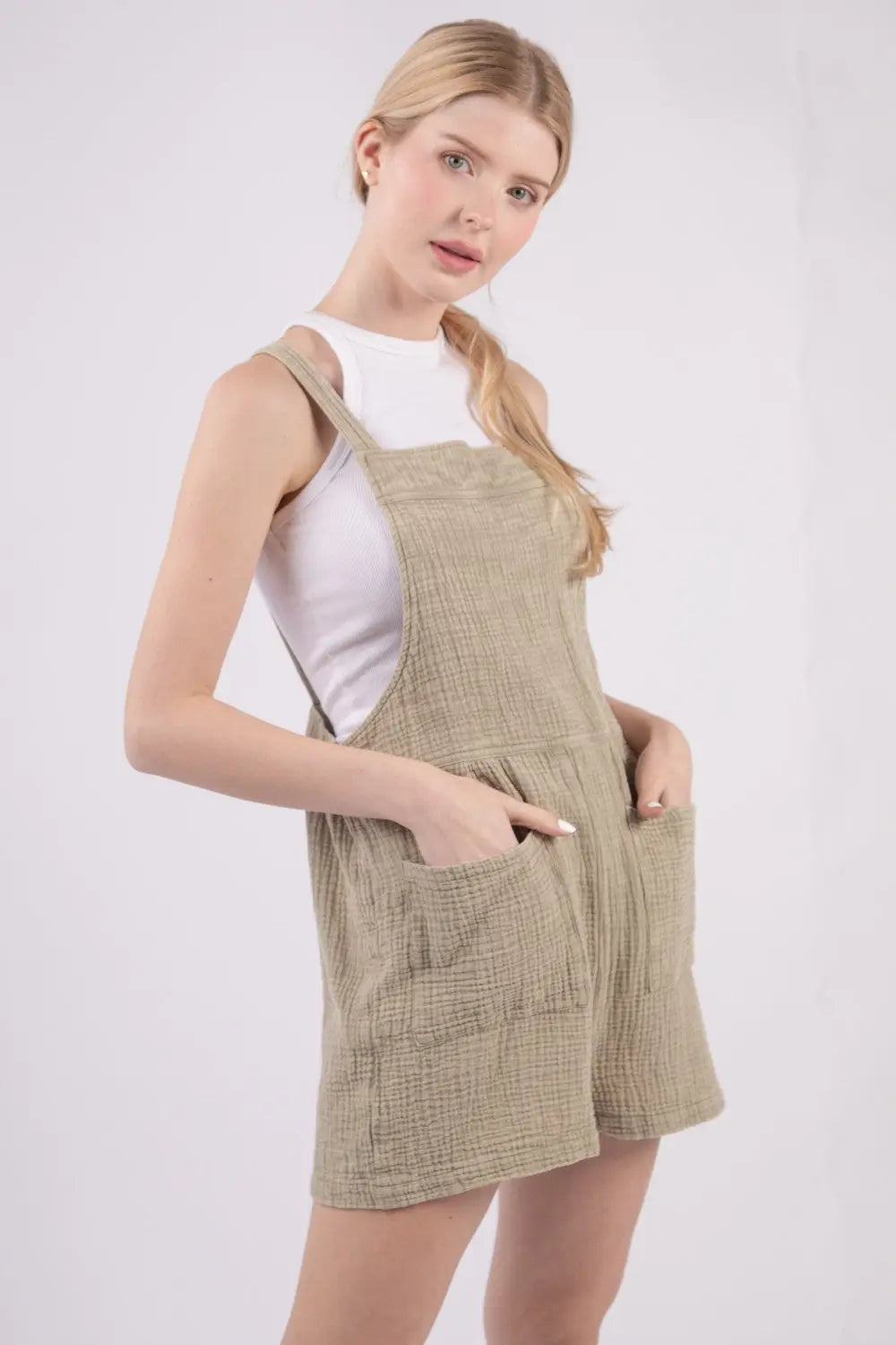 Sylvia Sleeveless Double Gauze Overalls with Pockets - ThingsWeUseAndLove Sage-L