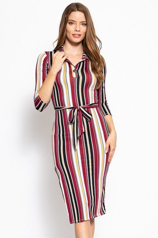 Stripes Print, Midi Tee Dress With 3/4 Sleeves, Collared V Neckline, Decorative Button, Matching Belt And A Side Slit - ThingsWeUseAndLove 