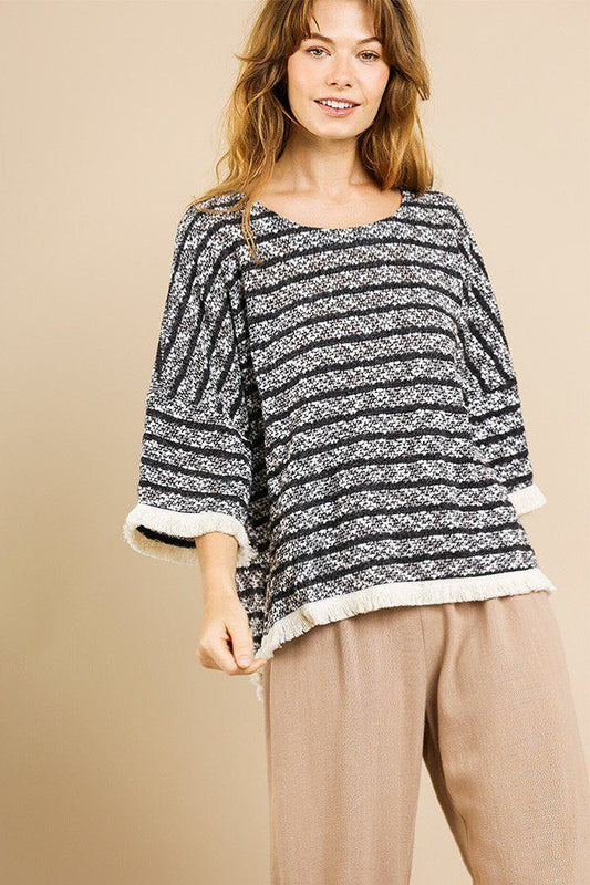 Heathered Striped Knit Bell Sleeve Round Neck Top - ThingsWeUseAndLove 