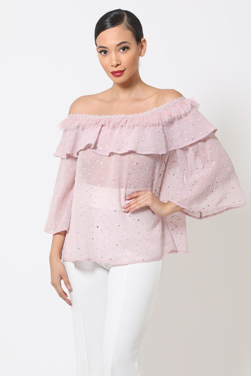 Polka Dot Sheer Off Shoulder Top - ThingsWeUseAndLove 