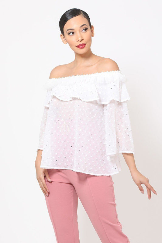 Polka Dot Sheer Off Shoulder Top - ThingsWeUseAndLove 