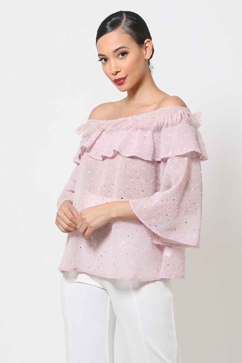 Polka Dot Sheer Off Shoulder Top - ThingsWeUseAndLove 