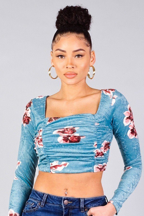 Ruched Velvet Floral Back Tie Crop Top - ThingsWeUseAndLove 