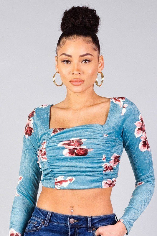 Ruched Velvet Floral Back Tie Crop Top - ThingsWeUseAndLove 