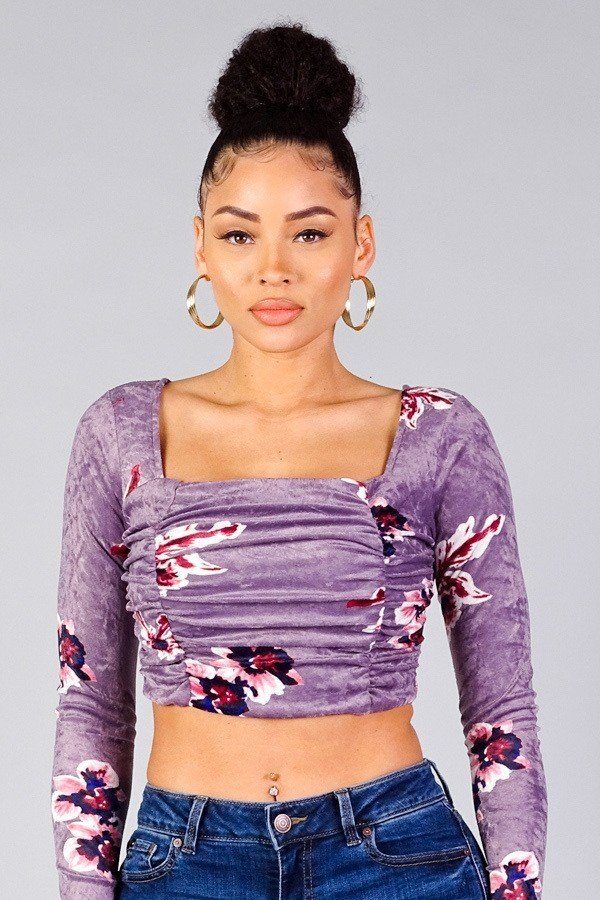 Ruched Velvet Floral Back Tie Crop Top - ThingsWeUseAndLove 