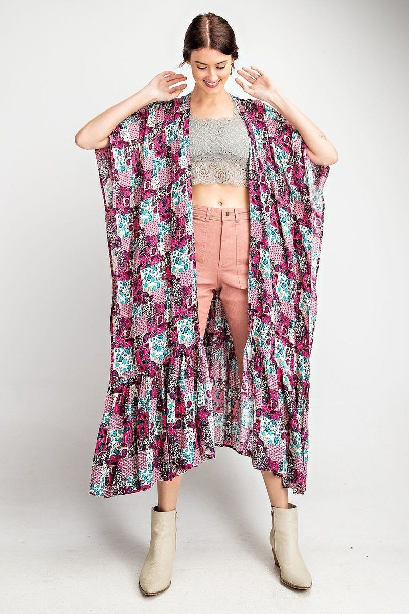 Rayon Challis Ruffle Bottom Maxi Open Kimono - ThingsWeUseAndLove 