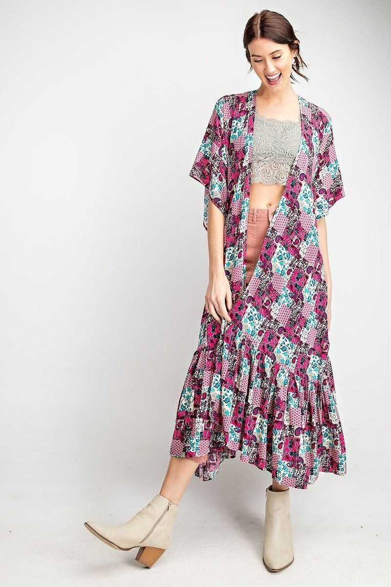 Rayon Challis Ruffle Bottom Maxi Open Kimono - ThingsWeUseAndLove 