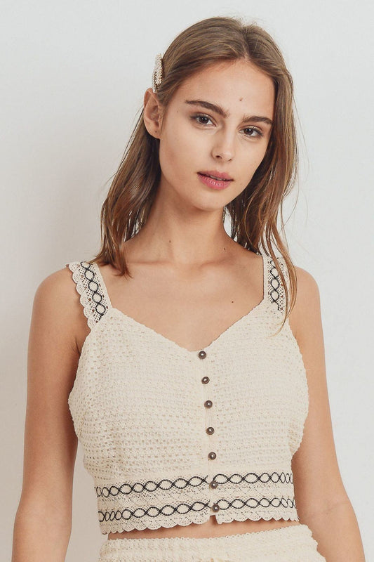 Knit Laced Buttoned Shoulder Strap Top - ThingsWeUseAndLove 