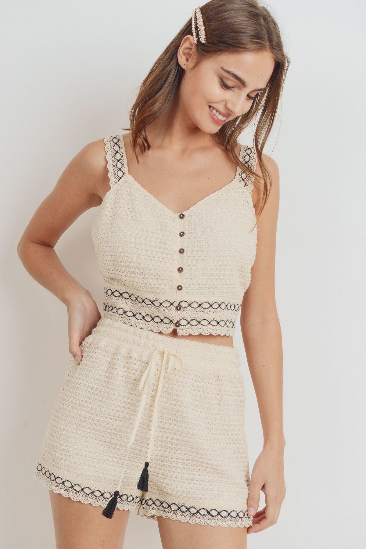 Knit Laced Buttoned Shoulder Strap Top - ThingsWeUseAndLove 