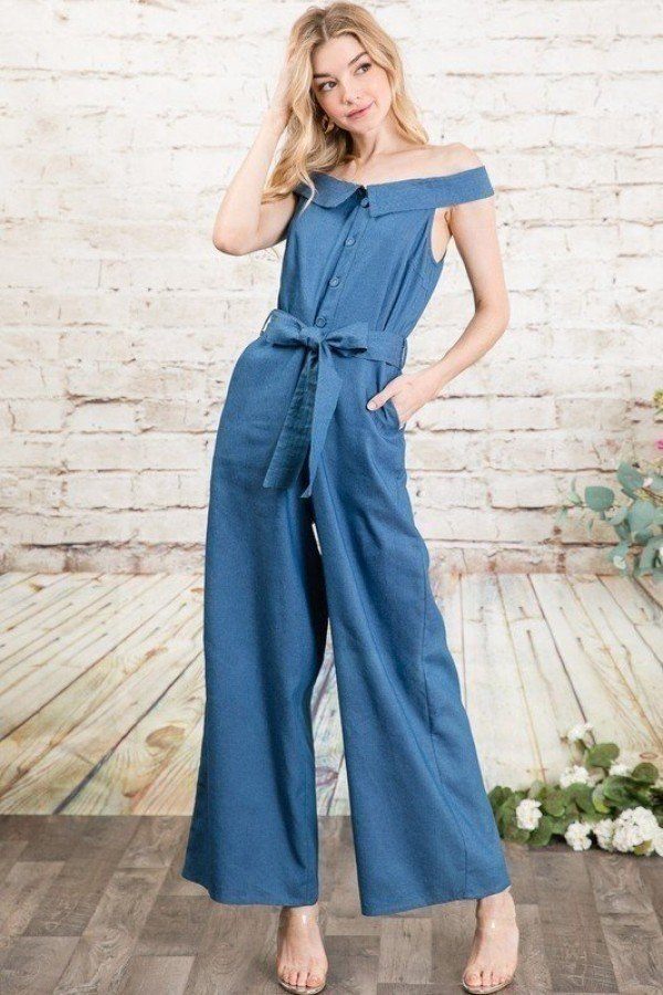 Fold-over Collar Detailed Button Down Off-shoulder Chambray Denim Wide Leg Palazzo Jumpsuit With Waist Tie - ThingsWeUseAndLove 