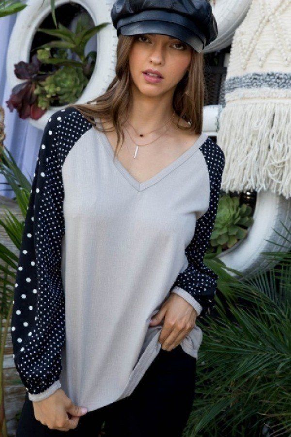 V Neck Contrast Woven Dot Print Long Sleeve Knit Top - ThingsWeUseAndLove 