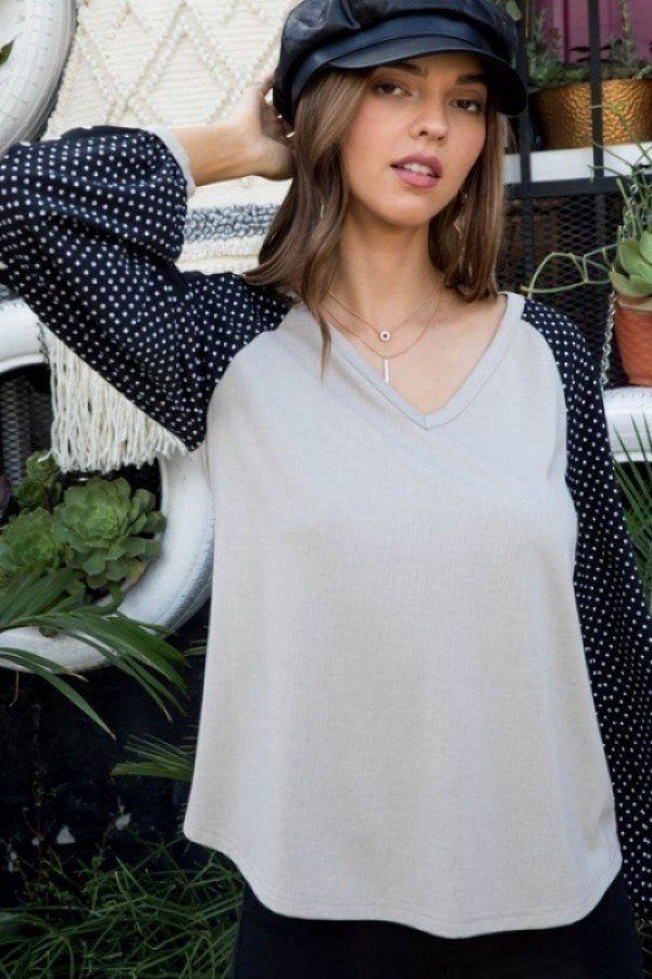 V Neck Contrast Woven Dot Print Long Sleeve Knit Top - ThingsWeUseAndLove 