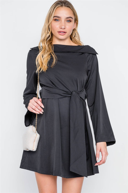 Straight Neck Solid Front-tie Dress - ThingsWeUseAndLove 