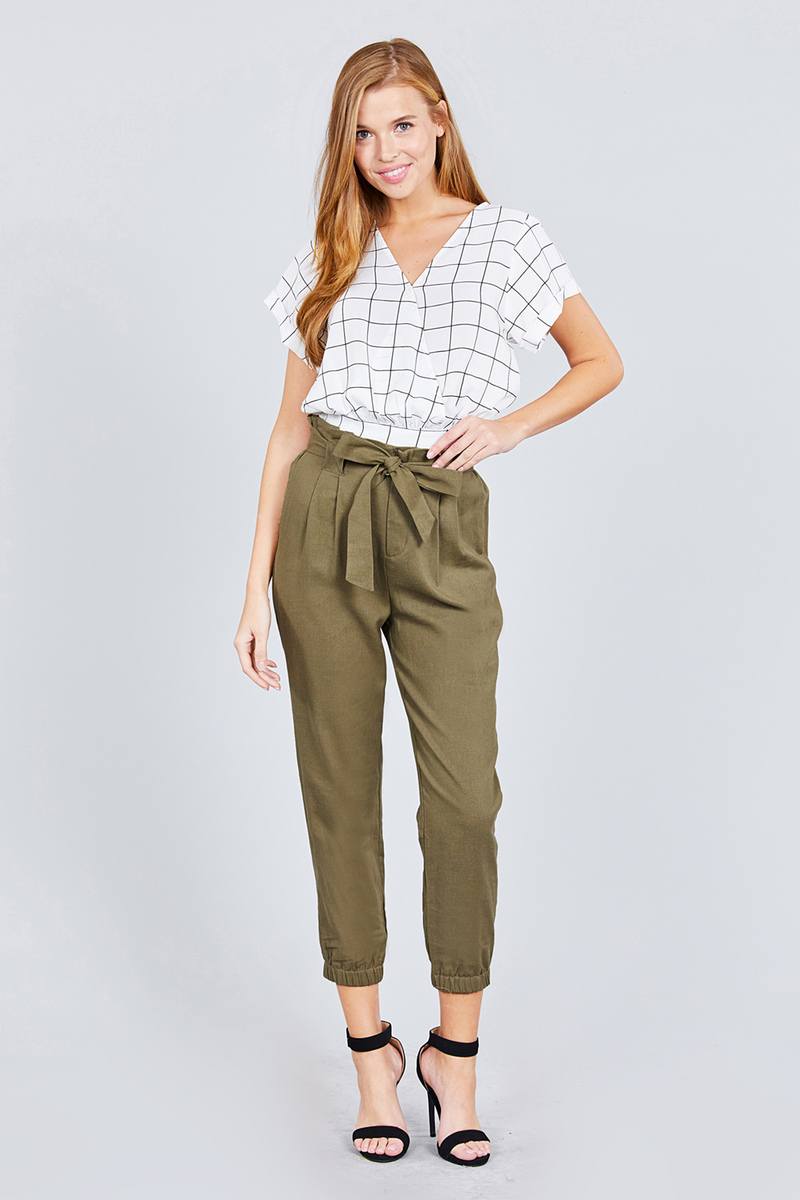 Paperbag W/bow Tie Elastic Hem Long Linen Pants - ThingsWeUseAndLove 