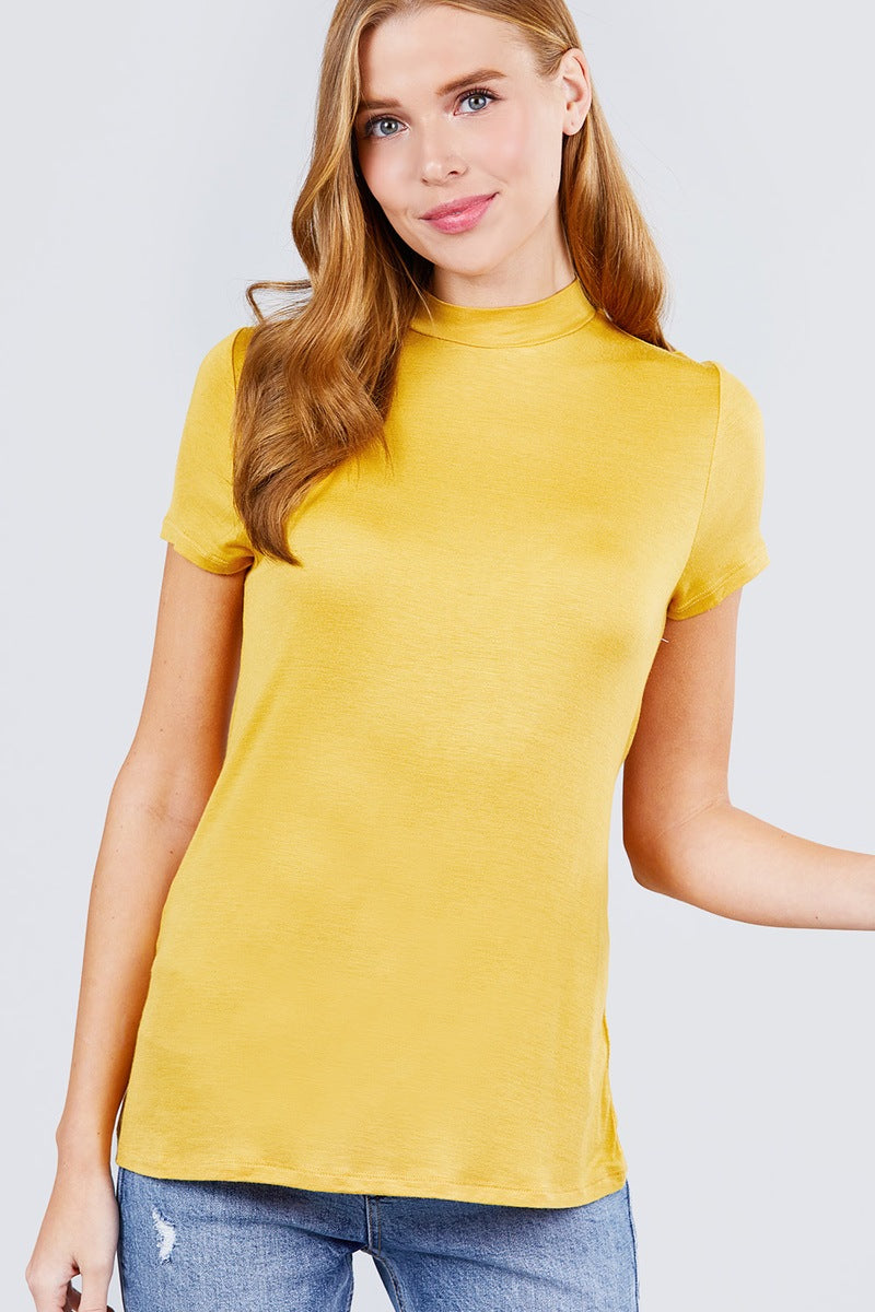 Short Sleeve Mock Neck Rayon Spandex Rib Top - ThingsWeUseAndLove 