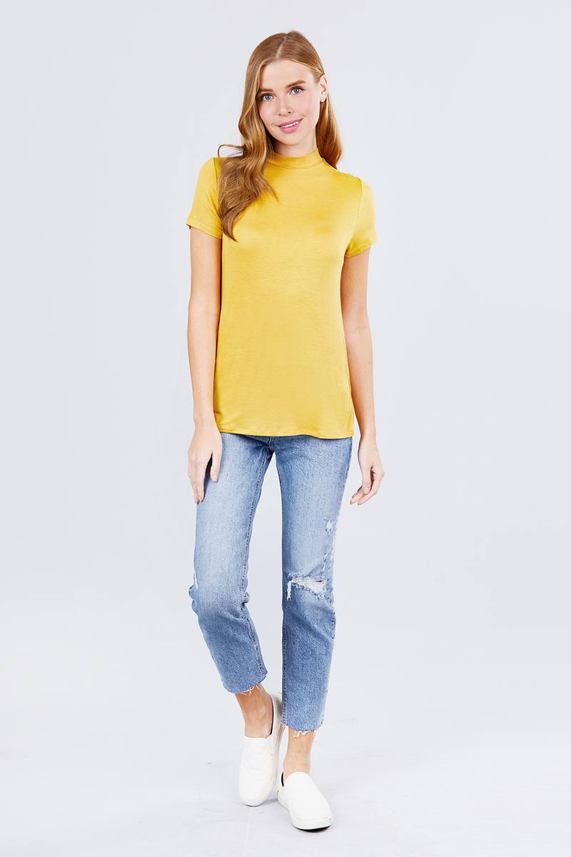 Short Sleeve Mock Neck Rayon Spandex Rib Top - ThingsWeUseAndLove 