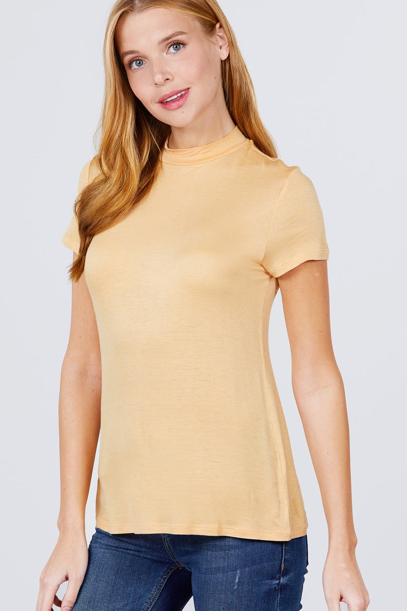 Short Sleeve Mock Neck Rayon Spandex Rib Top - ThingsWeUseAndLove 