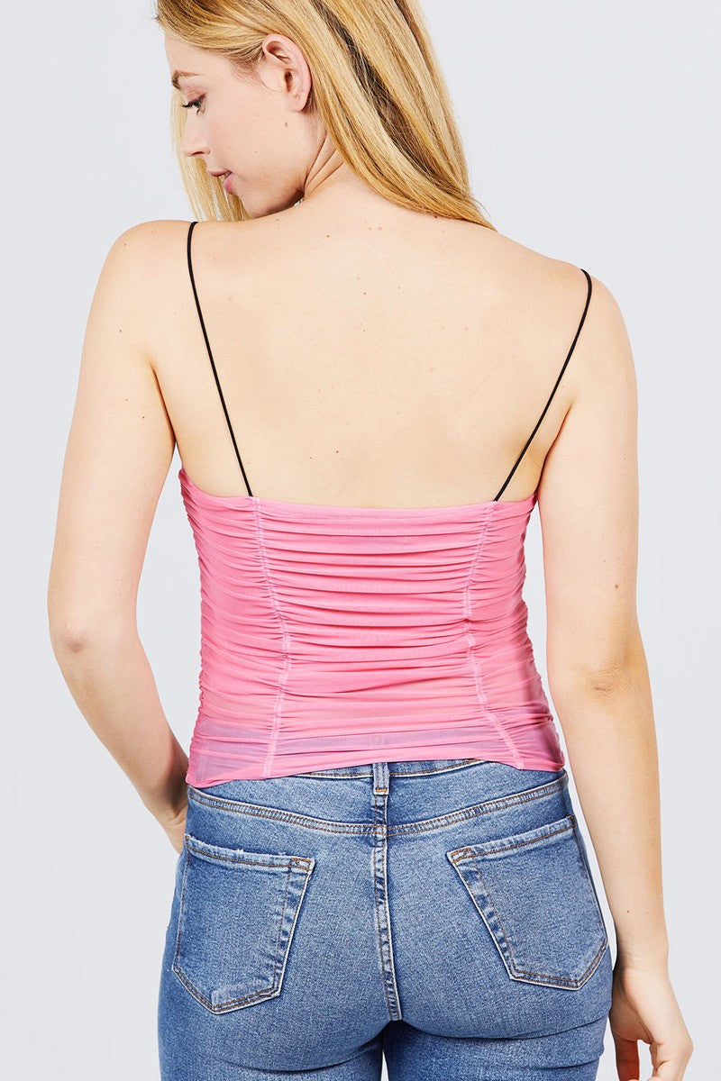 V-neck W/shirring Detail Elastic Strap Mesh Cami Top - ThingsWeUseAndLove 