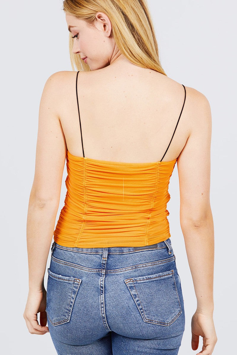 V-neck W/shirring Detail Elastic Strap Mesh Cami Top - ThingsWeUseAndLove 