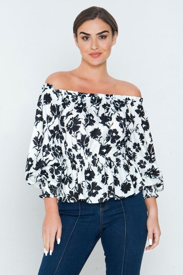 Long Sleeves Off Shoulder Neckline Printed Shirt - ThingsWeUseAndLove 