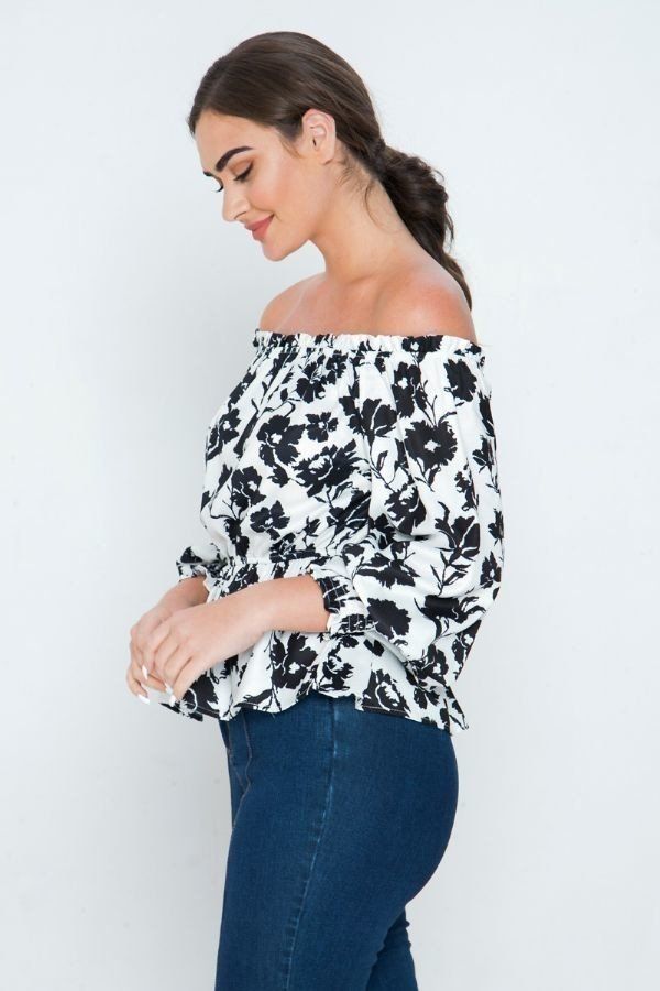 Long Sleeves Off Shoulder Neckline Printed Shirt - ThingsWeUseAndLove 