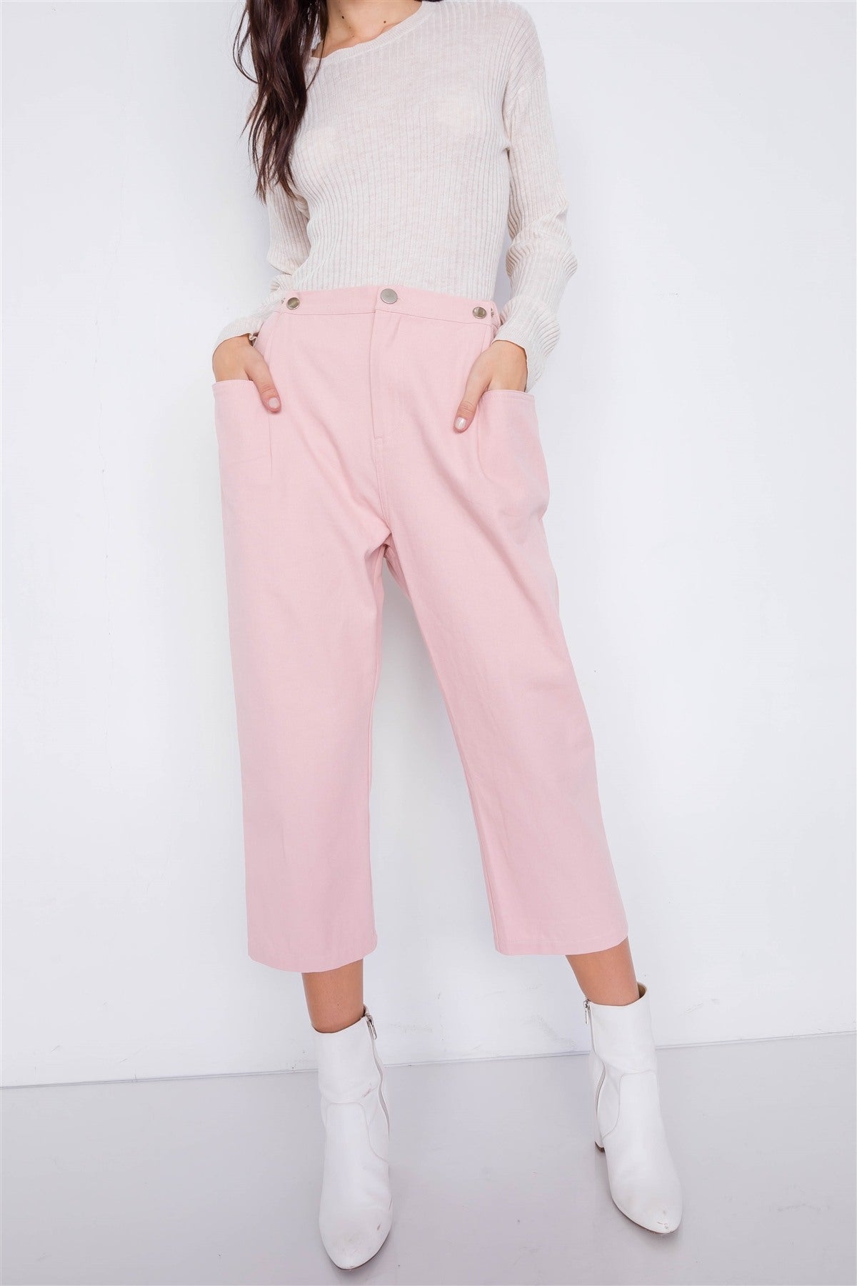 Pastel Chic Solid Ankle Wide Leg Adjustable Snap Waist Pants - ThingsWeUseAndLove 