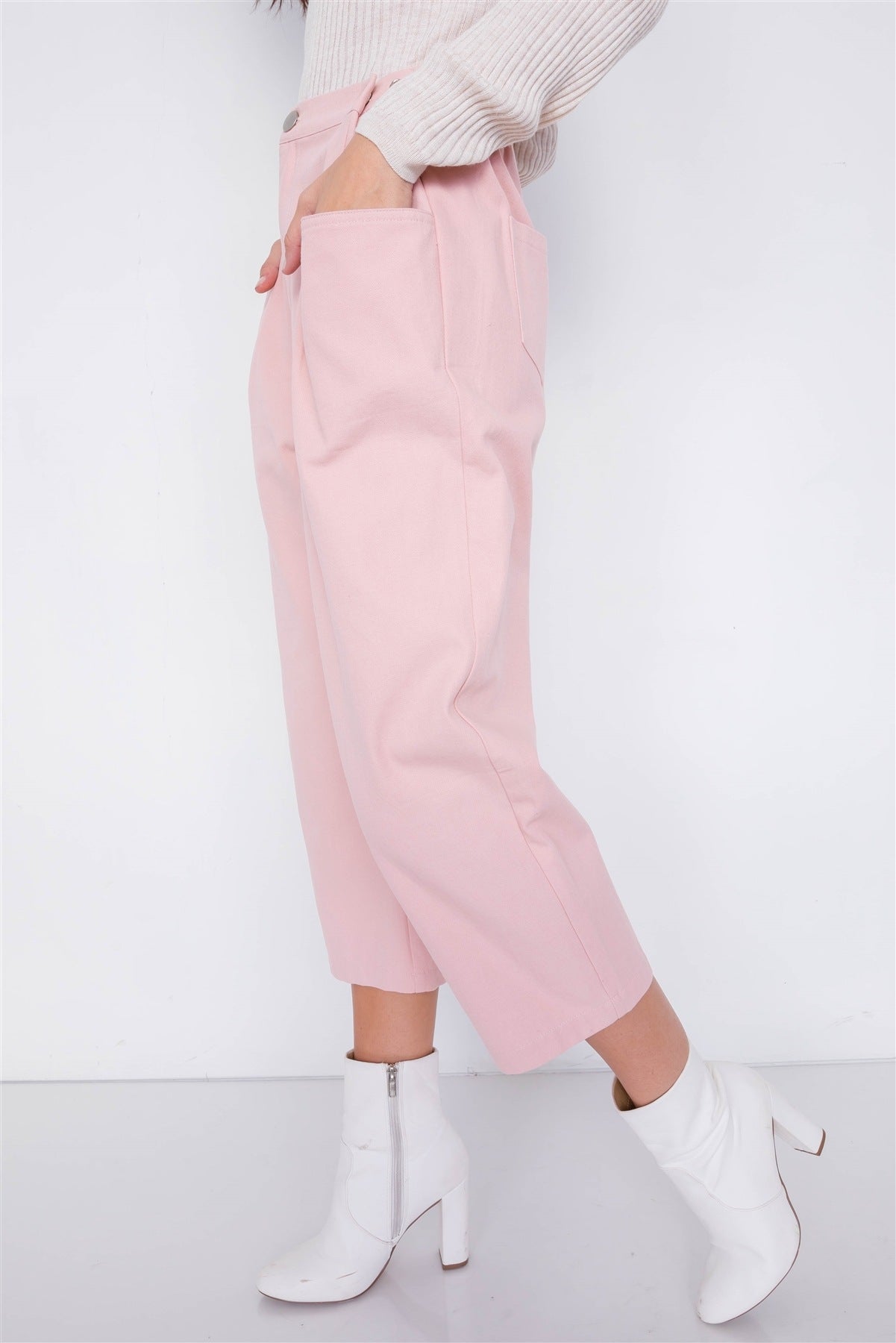 Pastel Chic Solid Ankle Wide Leg Adjustable Snap Waist Pants - ThingsWeUseAndLove 