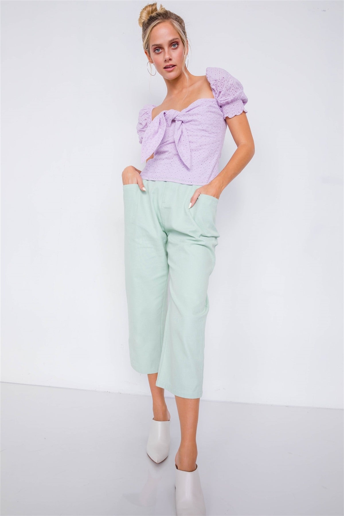 Pastel Chic Solid Ankle Wide Leg Adjustable Snap Waist Pants - ThingsWeUseAndLove 